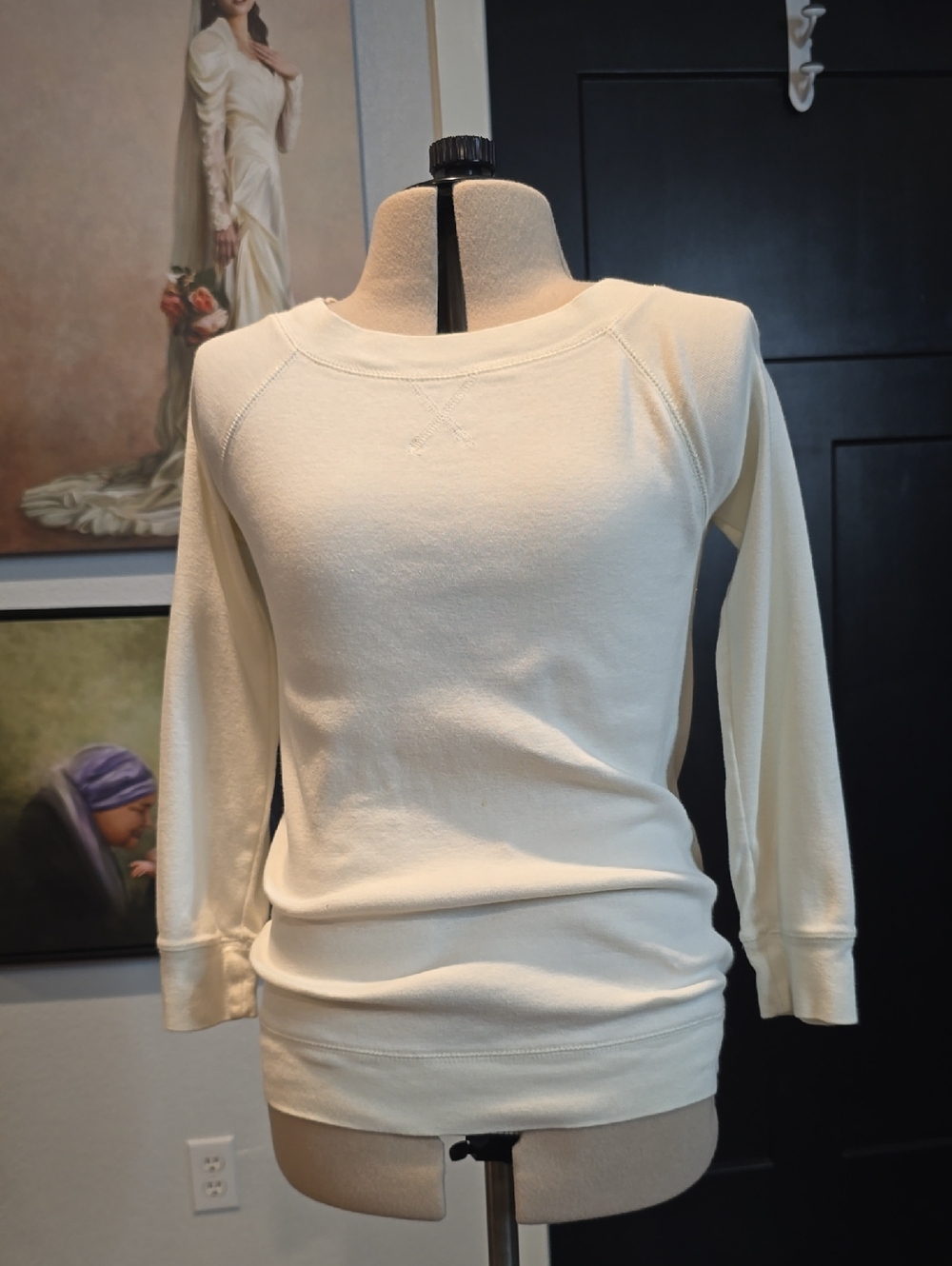 J. Crew Cream Ribbed Crewneck Top, 3/4 sleeves, boat neck, wide ribbed bottom xs